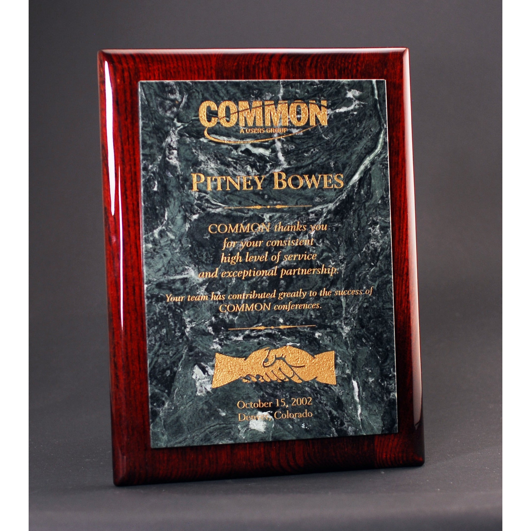 Piano Finish Award Plaque with Green Marble Plate - 8" x 10" Rosewood - Nothers